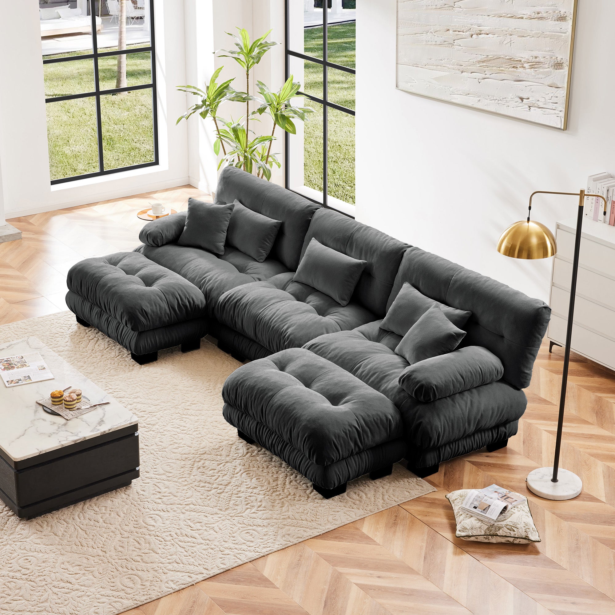 Luxury Modular Sectional Sofa Couch - Oversized U Shaped Cloud Couch For Living Room,Deep Seat Sofa Couch With 2 Ottomans ,Chenille Gray