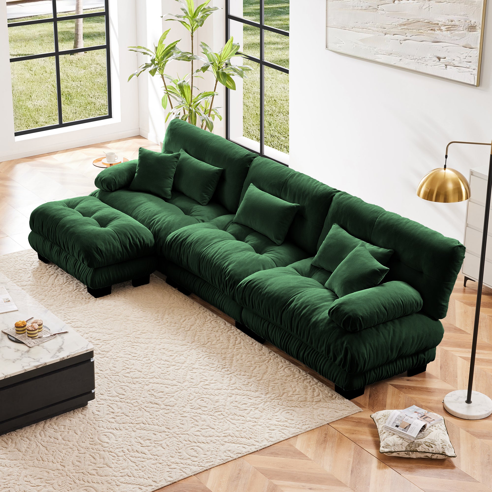 Luxury Modular Sectional Sofa Couch,Oversized L Shaped Cloud Couch For Living Room,Deep Seat Sofa Couch With Convertible Ottoman,Chenille Green